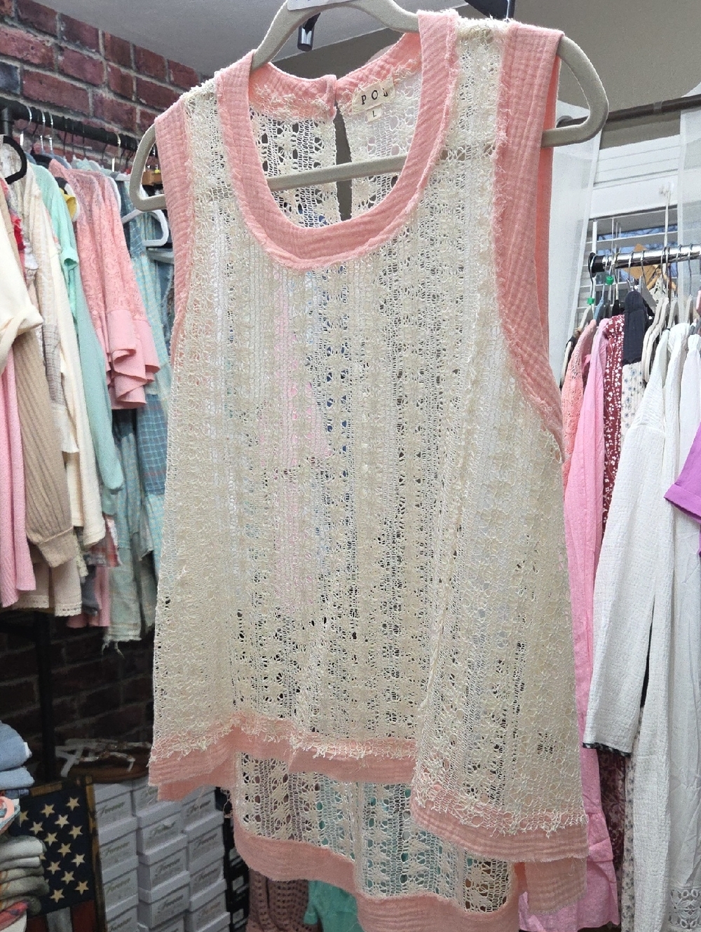 Lightweight Crochet Tank with Pink Trim